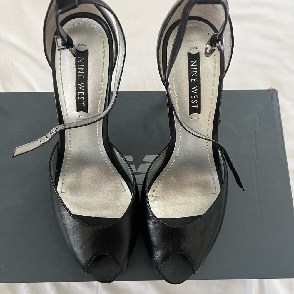 Nine West Black Ankle Strap Peep Toe Heels